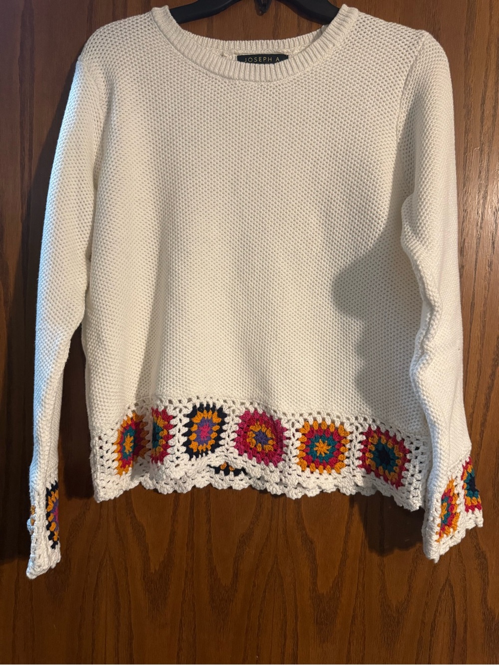 Joseph A Cream Crewneck Sweater with Multicolor Crochet Hem